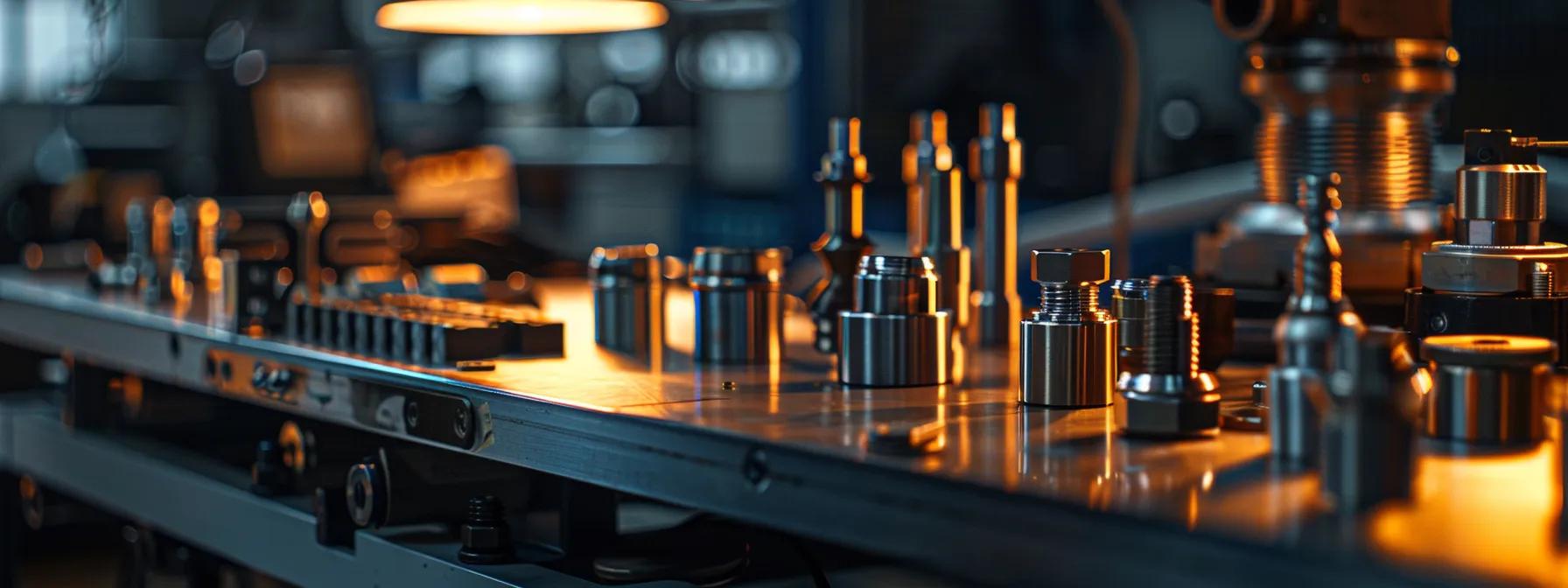 a close-up shot of sleek, metallic adapter fittings displayed on a polished industrial workbench, illuminated by focused overhead lighting that highlights their precision and craftsmanship.