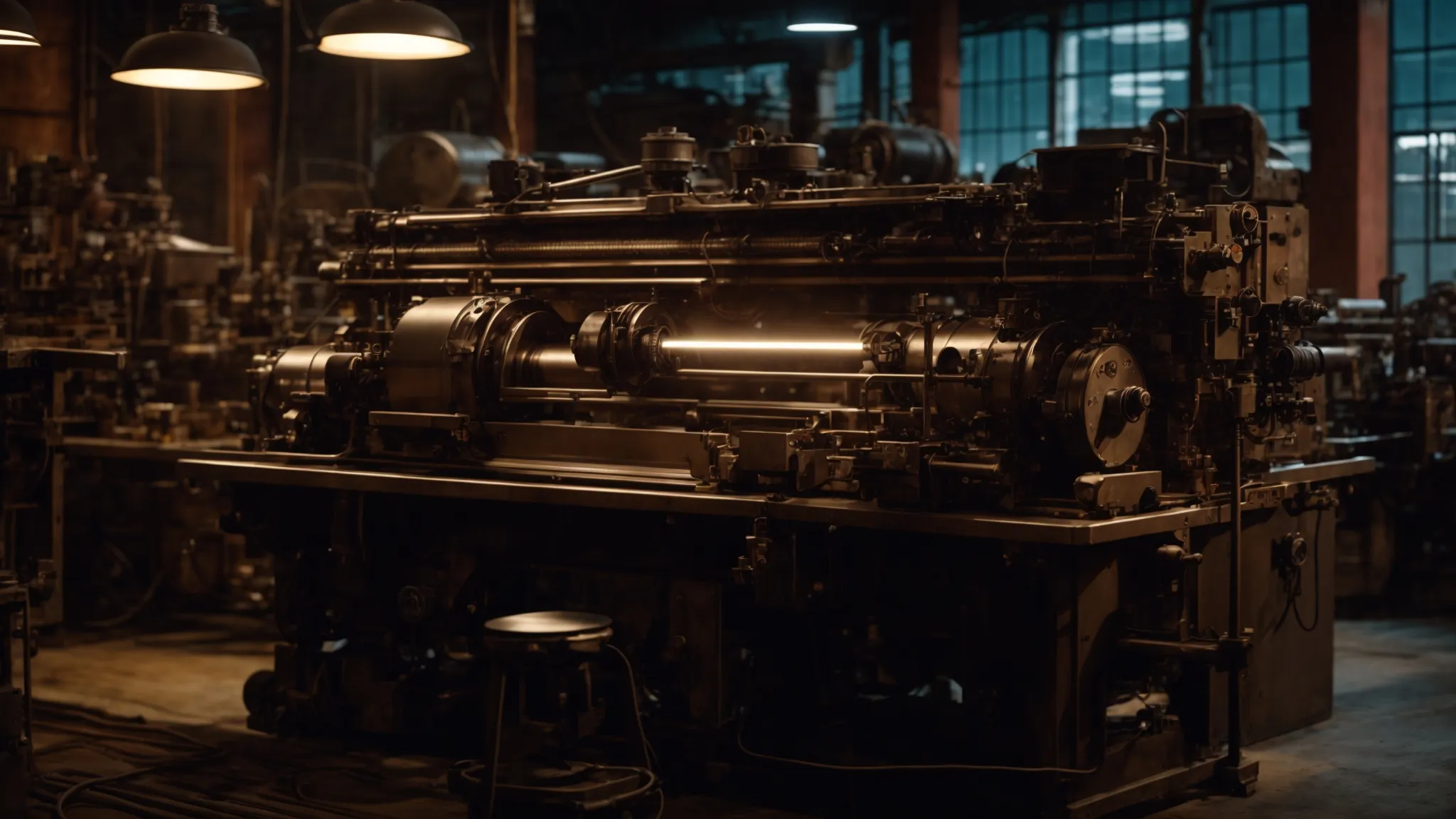 a vibrant machine shop bathed in warm, ambient light showcases an array of intricately detailed machinery and tools, creating an industrial yet inviting atmosphere.