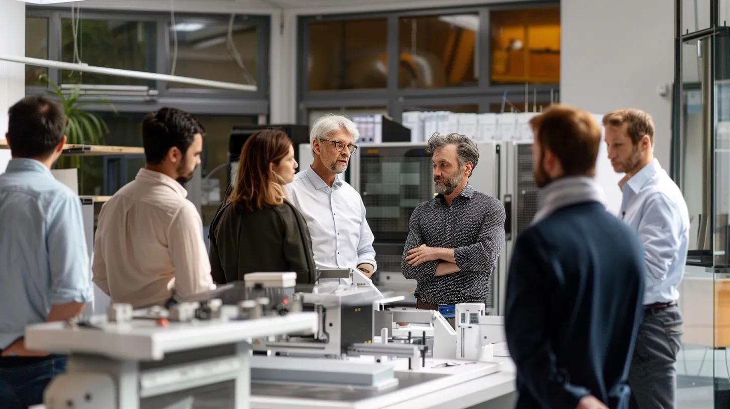 a sleek, modern office setting featuring a group of professionals engaged in a dynamic discussion around a high-tech machine prototype, highlighting the collaborative energy and innovative potential of utilizing local machining shops. a sleek, modern office setting featuring a group of professionals engaged in a dynamic discussion around a high-tech machine prototype, highlighting the collaborative energy and innovative potential of utilizing local machining shops.